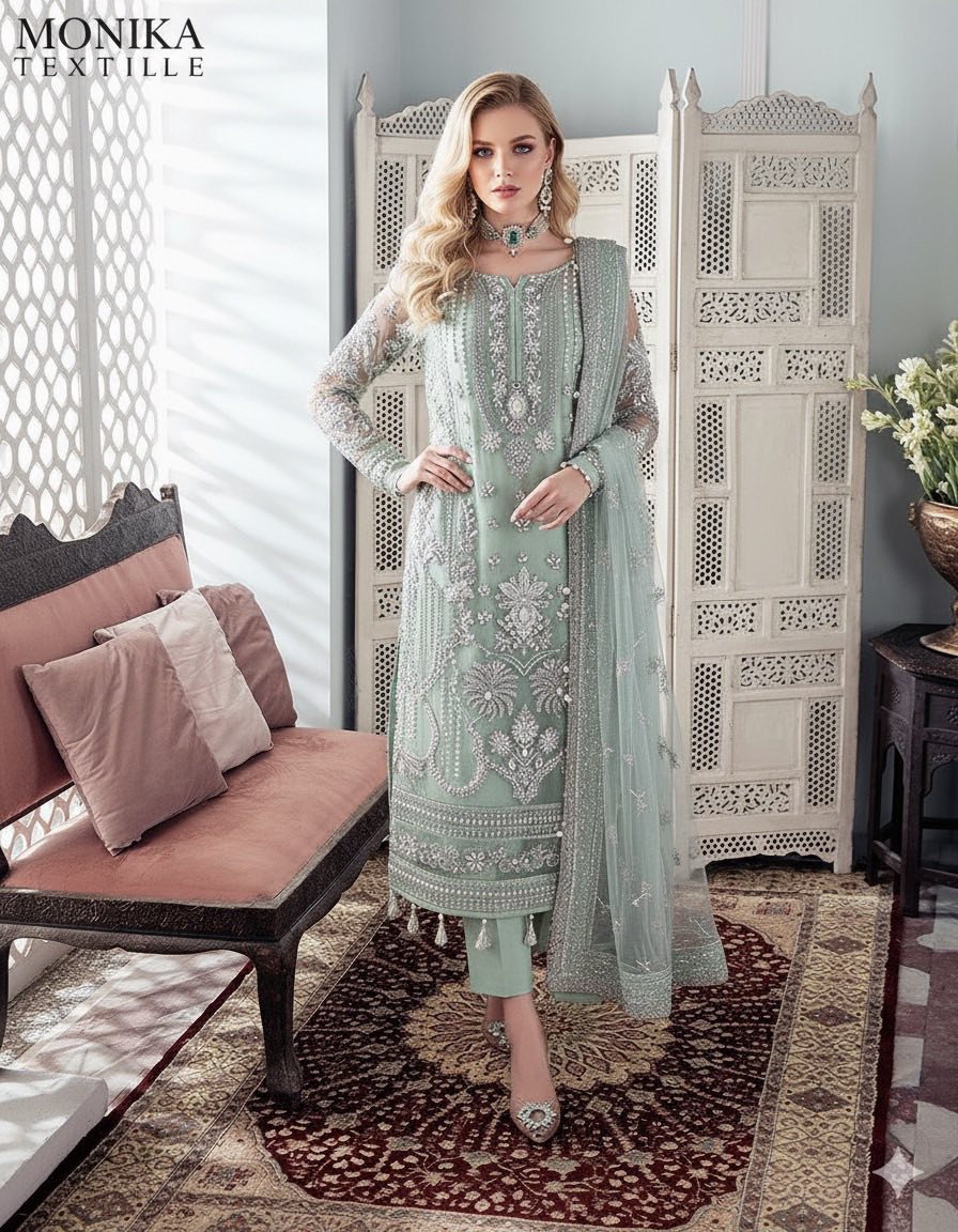 AQUA GREEN ORGANZA THEE PIECE DRESS