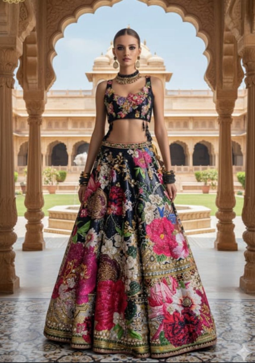 DIGITAL PRINTED MIRROR WORK LEHANGA