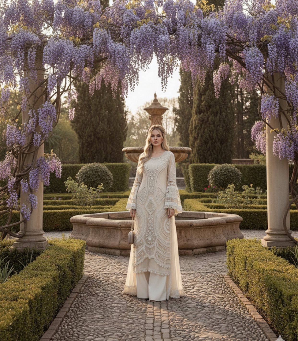 PEARL WHITE CHIFFON THREE PIECE SUIT WITH HAND WORK