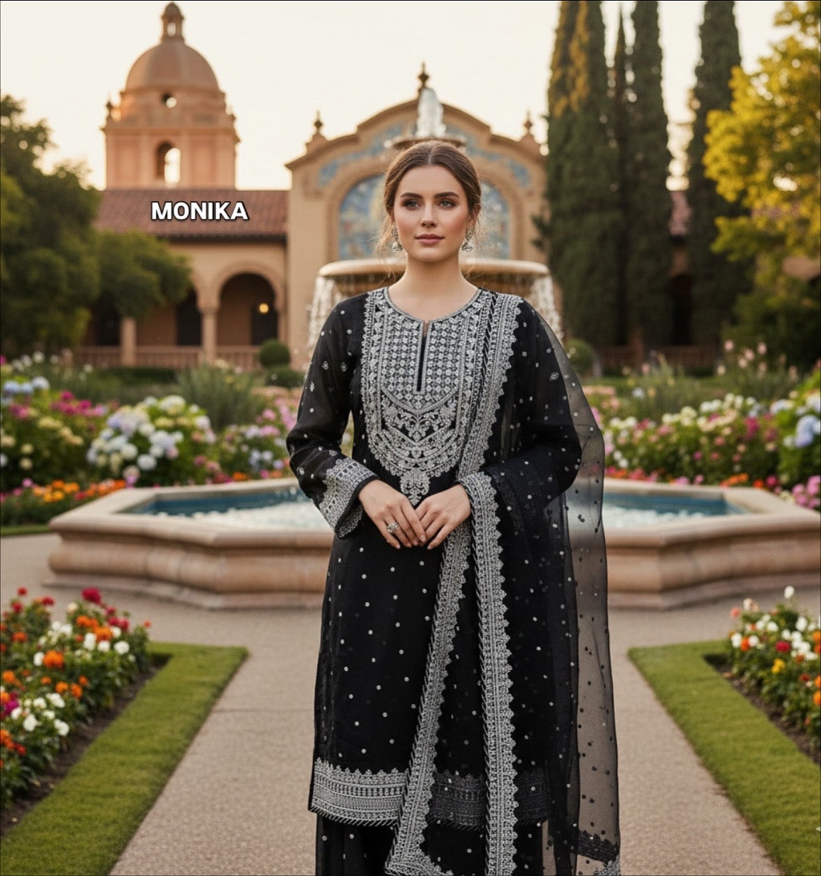 Black embrioded chiffon three piece dress