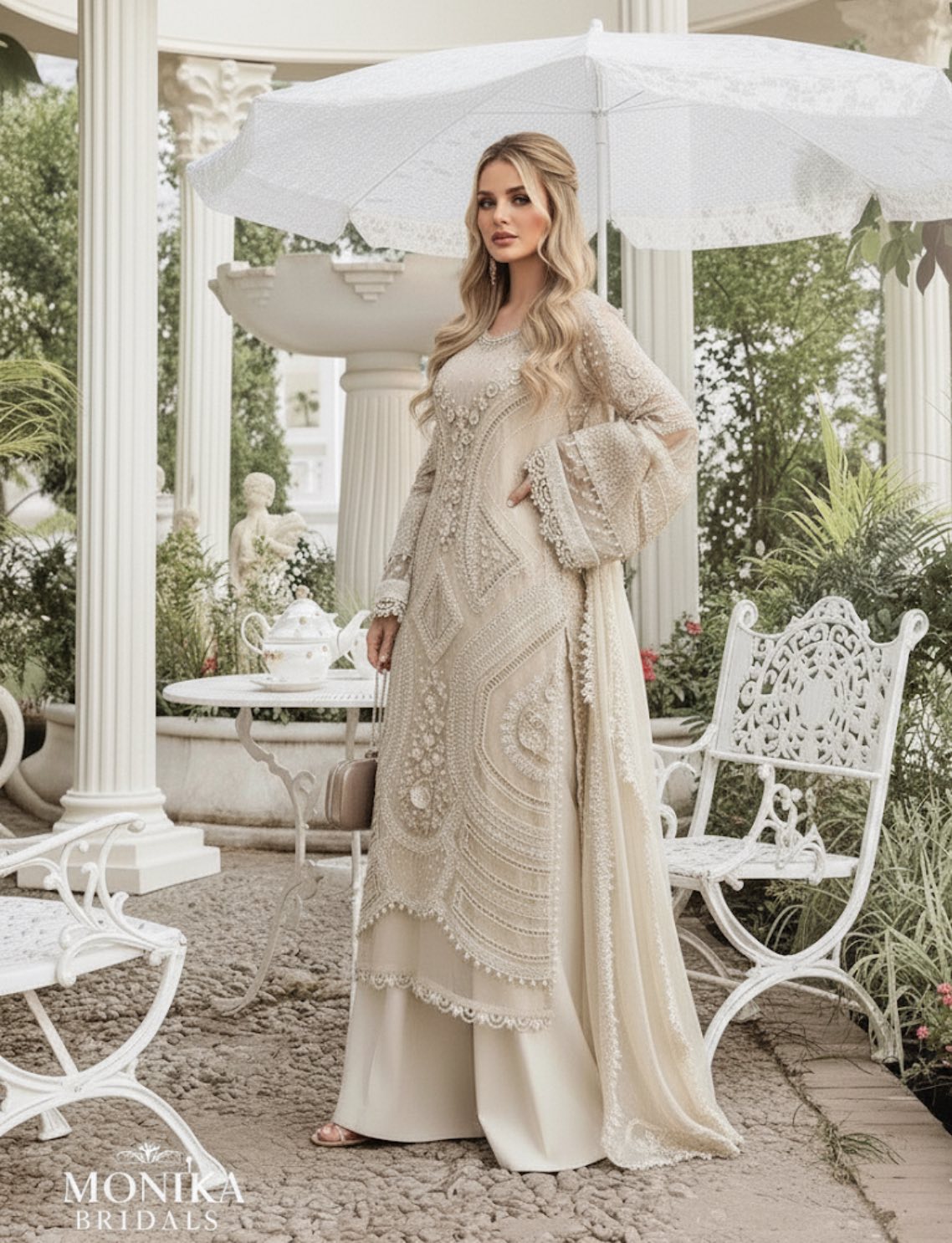 PEARL WHITE CHIFFON THREE PIECE SUIT WITH HAND WORK