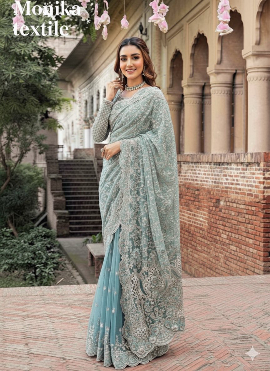 NET ICE BLUE SAREE