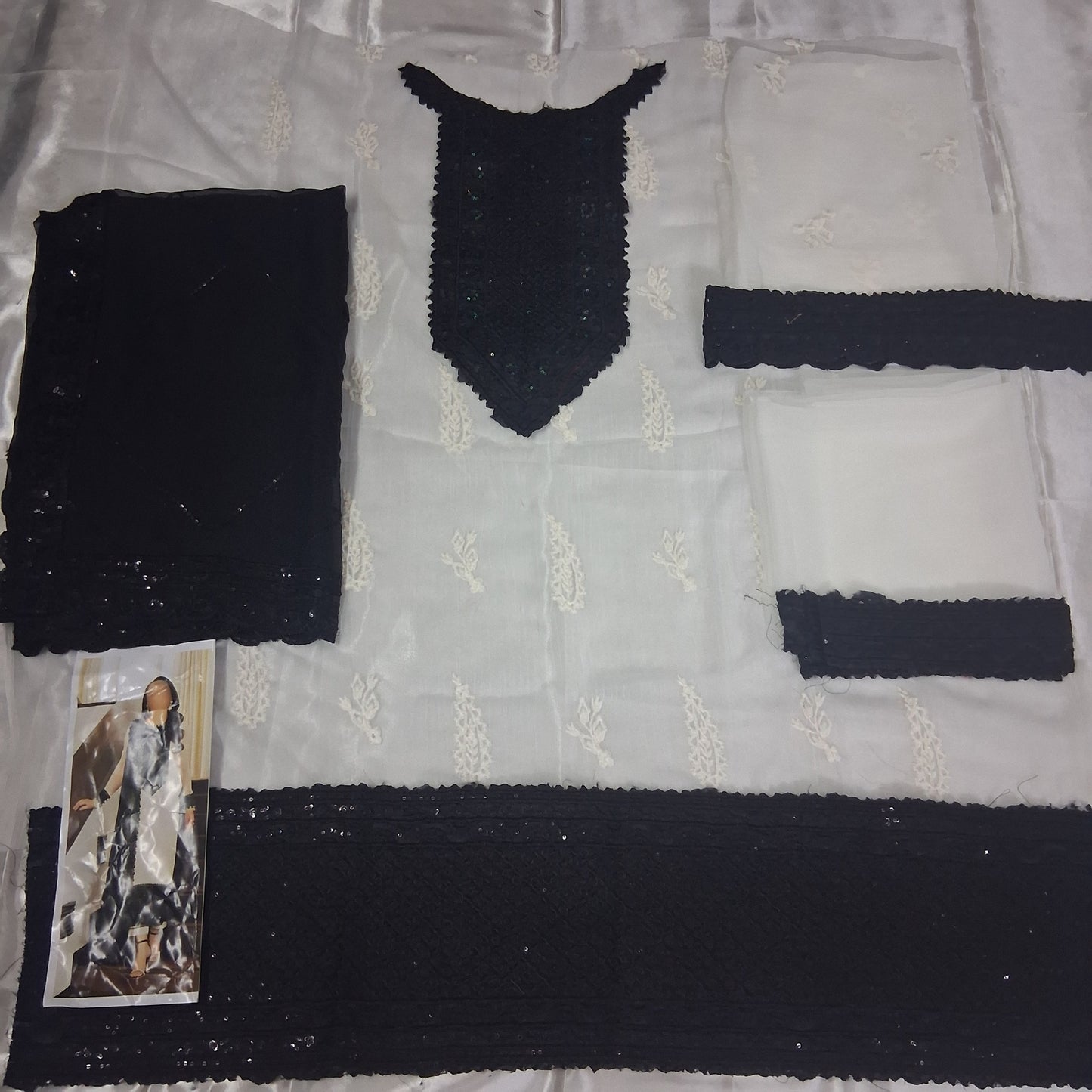 BLACK AND WHITE CHIFFON EMBRIODED SUIT