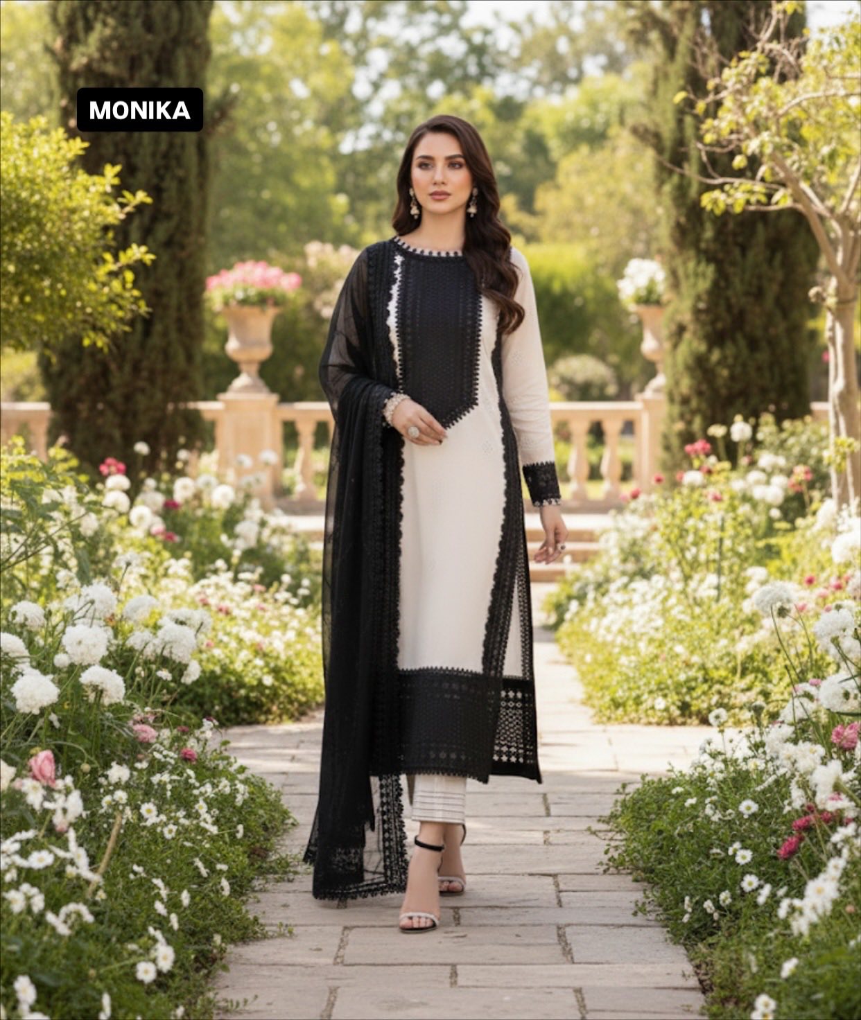 BLACK AND WHITE CHIFFON EMBRIODED SUIT