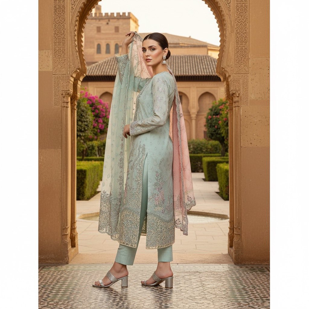 ORGANZA AQUA THREE PIECE DRESS