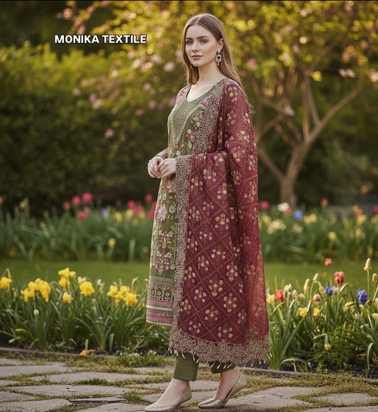 ORGANZA THREE PIECE SUIT WITH ADA WORK