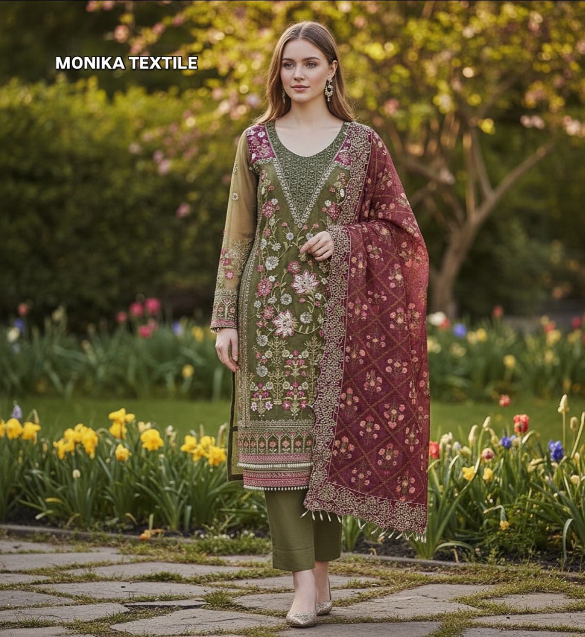 ORGANZA THREE PIECE SUIT WITH ADA WORK