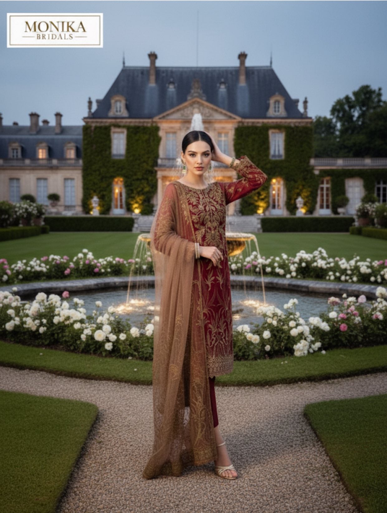MAROON THREE PIECE CHIFFON SUIT