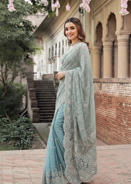 NET ICE BLUE SAREE
