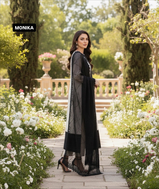 BLACK AND WHITE CHIFFON EMBRIODED SUIT