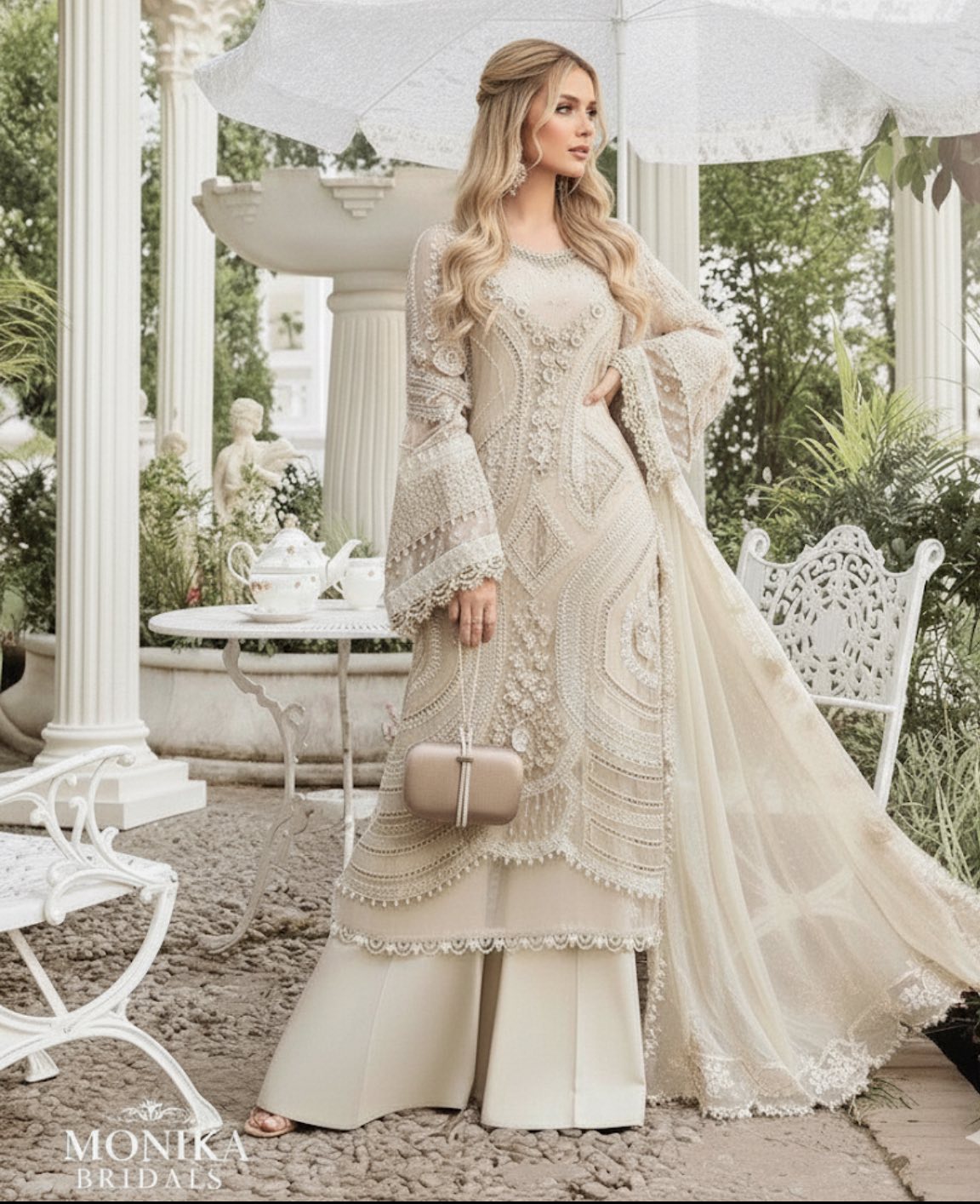 PEARL WHITE CHIFFON THREE PIECE SUIT WITH HAND WORK