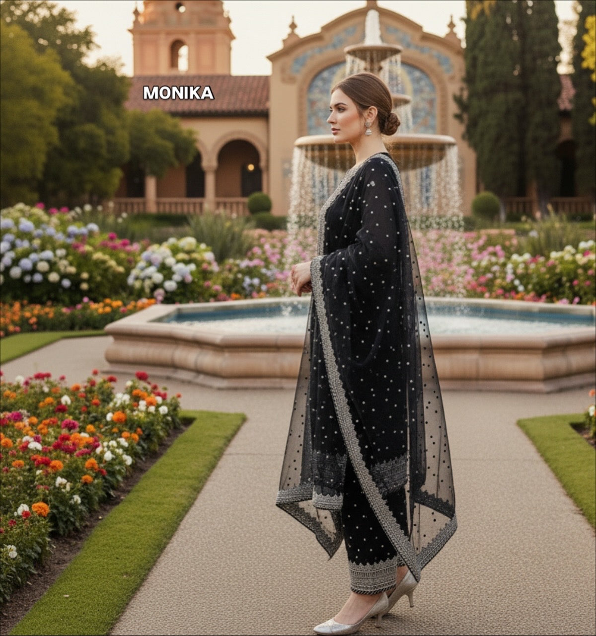 Black embrioded chiffon three piece dress