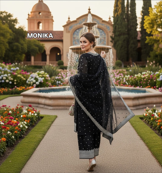 Black embrioded chiffon three piece dress