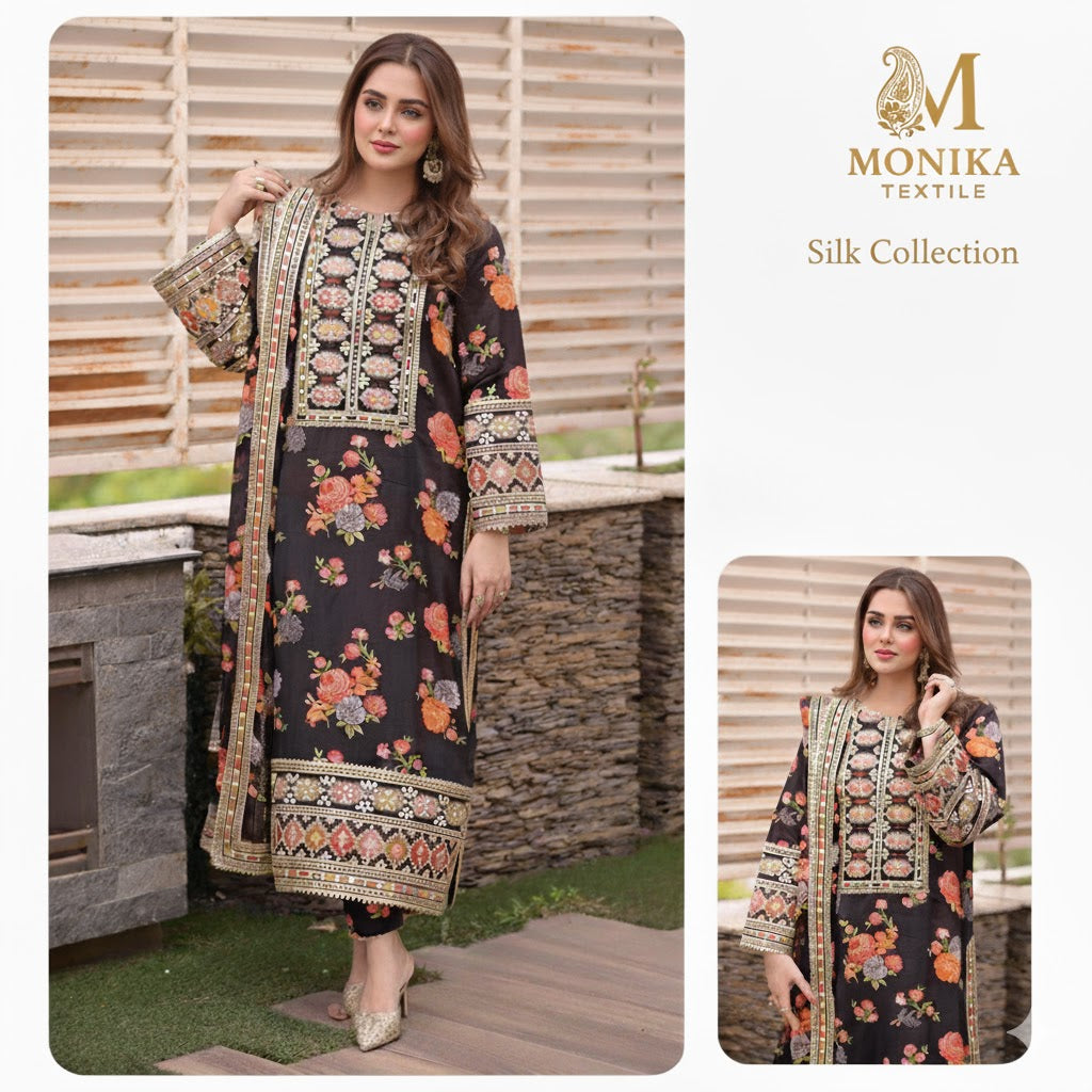 Black Floral silk suit with embriodery